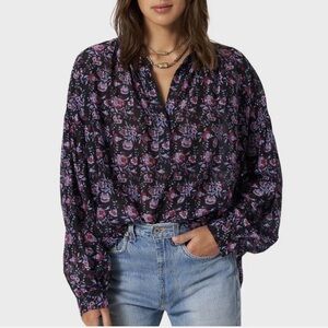 XiRENA Romi Blouse Idyllwild Cotton Silk Henley Top Black Beauty XS Relaxed Fit